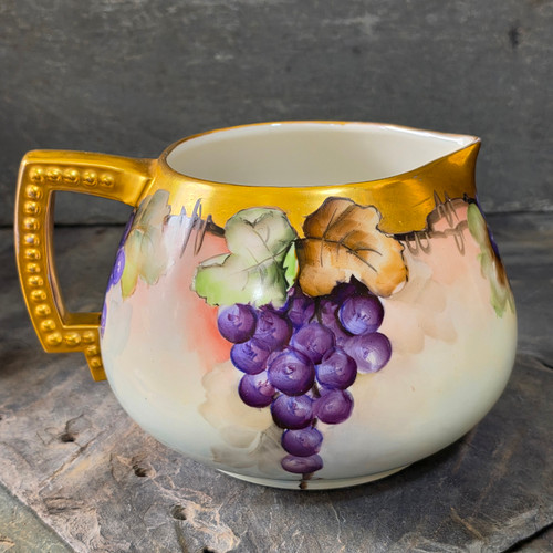 Antique French Limoges Porcelain Hand Painted Grape Cider Pitcher Gold Handle