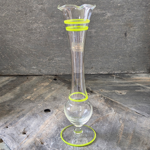 Vintage Viking Art Glass 10" Bud Vase Chartreuse Lime Green Rings MCM w/ Label