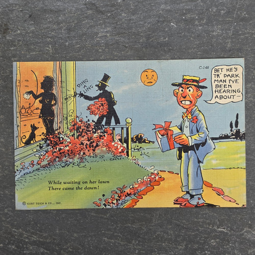 1941 Curt Teich Linen Comic Postcard CT Shadow Comics Bet He's Th Dark Man 1c Defense Stamp