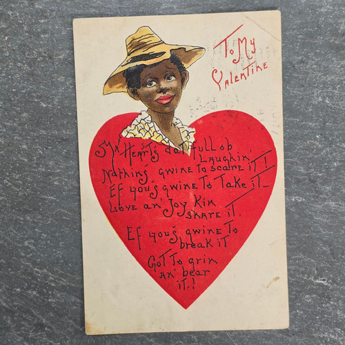 Antique 1909 Black Americana Valentine Postcard LE German Litho Heart Dialect Poem Minonk to Deer Creek Illinois Ephemera