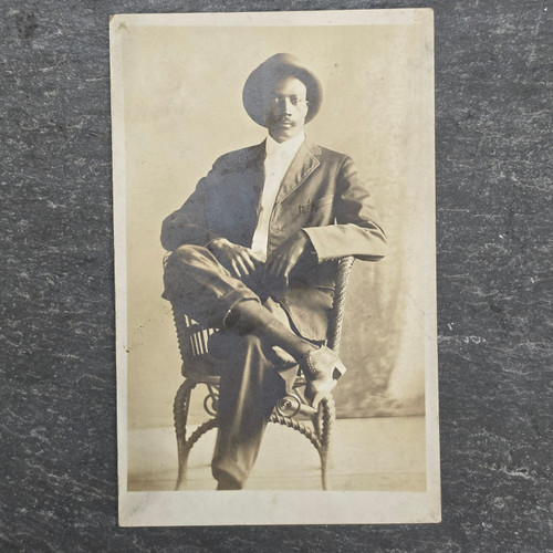 Antique RPPC Dapper African American Man Wicker Chair Studio Photo Postcard AZO