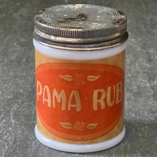 Vintage Pama Rub Ointment Jar Buffalo NY Hazel Atlas White Milk Glass Tin Lid