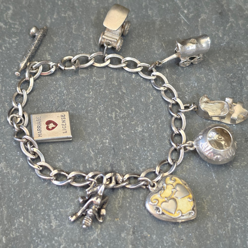 Vintage Sterling Silver Charm Bracelet 8 Charms Model T Heart Covered Wagon .925