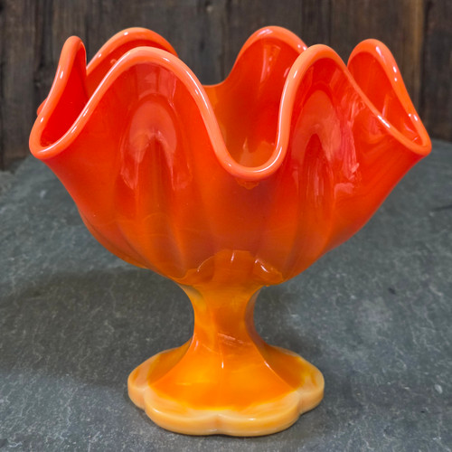 Vintage LE Smith Bittersweet Slag Glass Ruffled Compote MCM Orange Candy Dish