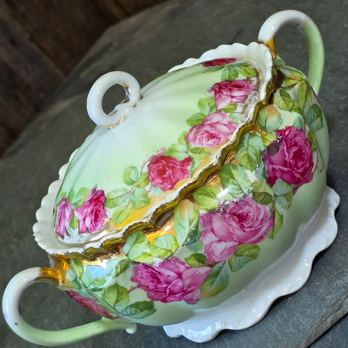 Antique German Porcelain Covered Sugar Bowl Jar Pink Cabbage Roses Scalloped