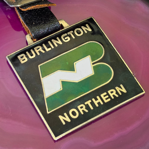Vintage Burlington Northern Railroad Enamel Pocket Watch Fob Leather Strap BN RR