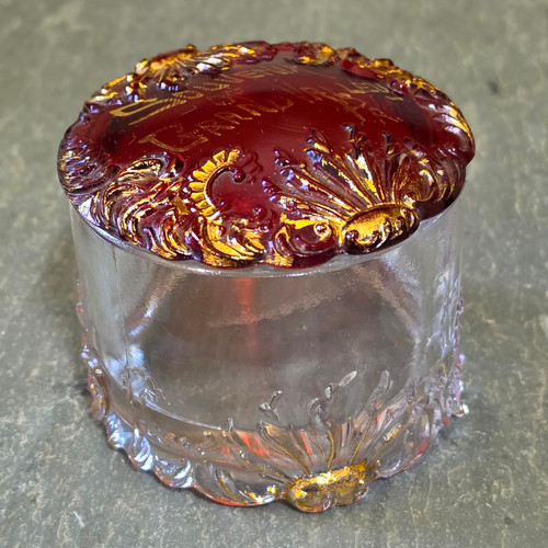 Antique EAPG Ruby Stained Souvenir Powder Jar Grand Valley PA Trinket Box Vanity