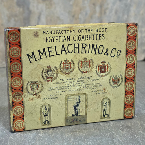 Antique M Melachrino & Co Egyptian Cigarettes Tin Cairo New York Tobacco Box