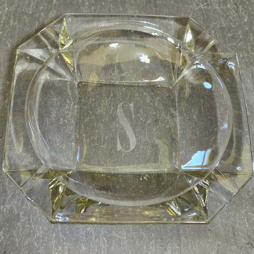 Vintage Heavy Cut Crystal Glass Cigar Ashtray Monogram S Faceted MCM Barware