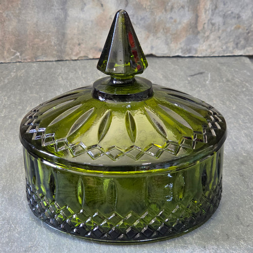 Vintage Anchor Hocking Wexford Avocado Olive Green Glass Candy Dish Jar Finial