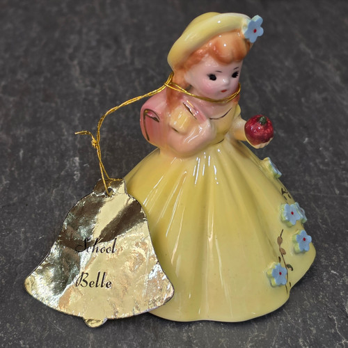 Vintage Josef Originals School Belle Figurine Bell Yellow Dress Hang Tag Japan