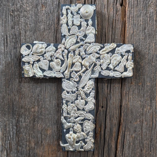 Vintage Mexican Milagros Wooden Wall Cross Handcrafted Ex Voto Religious Decor