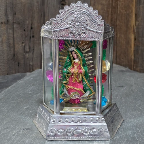 Vintage Mexican Punched Tin Glass Nicho Virgin of Guadalupe Shrine Altar Box