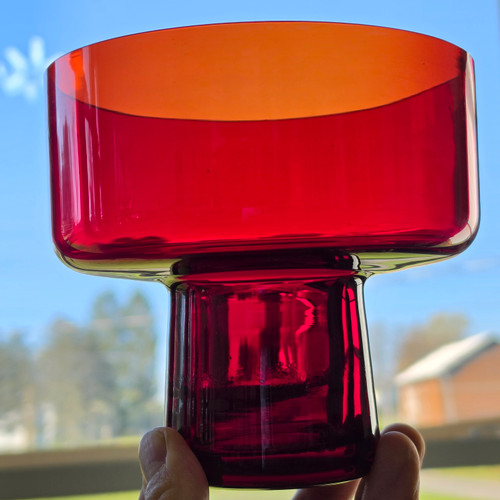 Vintage Mid Century Modern Ruby Red Art Glass Pedestal Bowl Compote Vase MCM