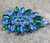 Vintage Stylized Leaf Jewelry Brooch Pin Blue Green Prong Set Navette Stones