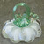 Cased White Blown Art Glass Pumpkin Iridescent Green Stem Signed Paperweight