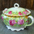 Antique German Porcelain Covered Sugar Bowl Jar Pink Cabbage Roses Scalloped