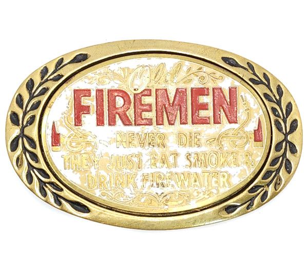 Vintage Heritage Buckles Old Firemen Never Die Belt Buckle Enameled Well Loved