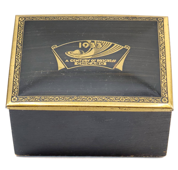 1933 Vintage Chicago World's Fair Wood Trinket Jewelry Box Brass Engraved Lid