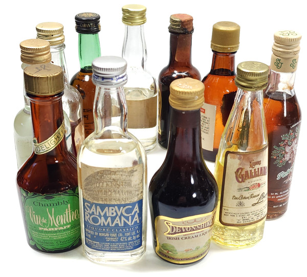 Lot of 12 Vintage Sealed Glass Mini Bottles Assorted Liqueurs Liquor Nips Variety