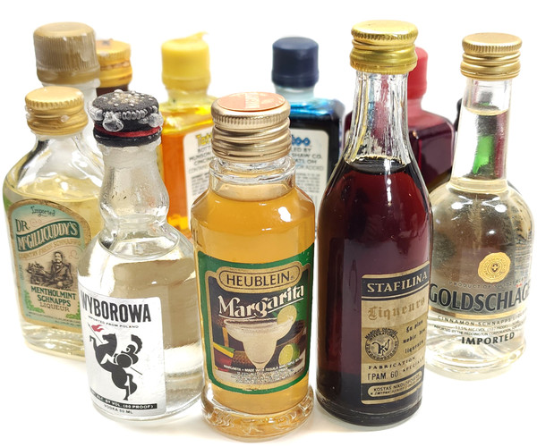 Vintage Lot of 11 Assorted Sealed Glass Mini Liquor Bottles Zwack Tattoo Coco Rhum Goldschlager