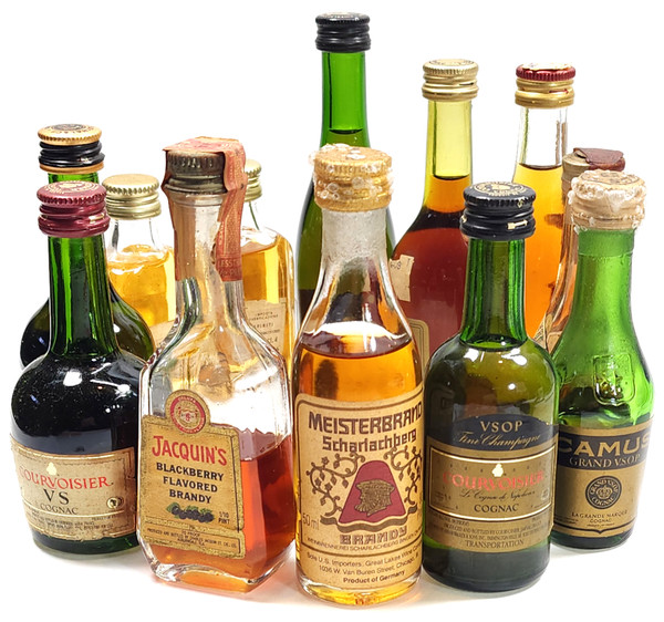 Vintage Lot 12 Sealed Mini Bottles Assorted Brandy Cognac Camus Courvoisier Martell Asbach Uralt