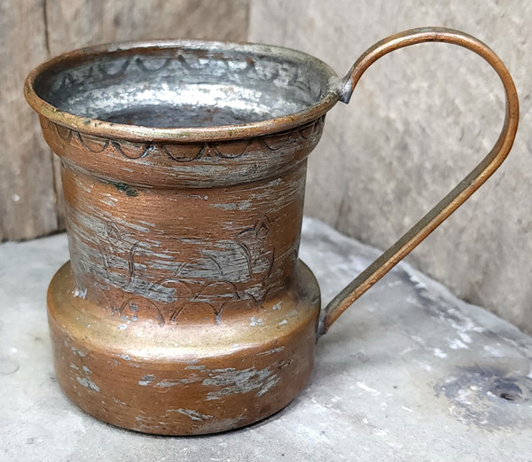 Antique Handmade Folk Art Copper Mug Cup Shabby Stamped Tulip Flowers Design