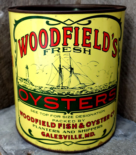 Vintage Woodfield's Fresh Oysters Advertising Tin Can Woodfield Fish Galesville