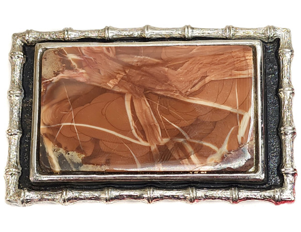 Vintage Retro Belt Buckle Simulated Marble Slab Stone w/ Bamboo Shaped Border