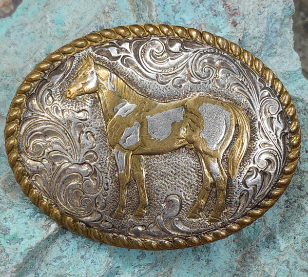Vintage Crumrine Bronze & Silverplate Western Style Belt Buckle Horse w/ Spots