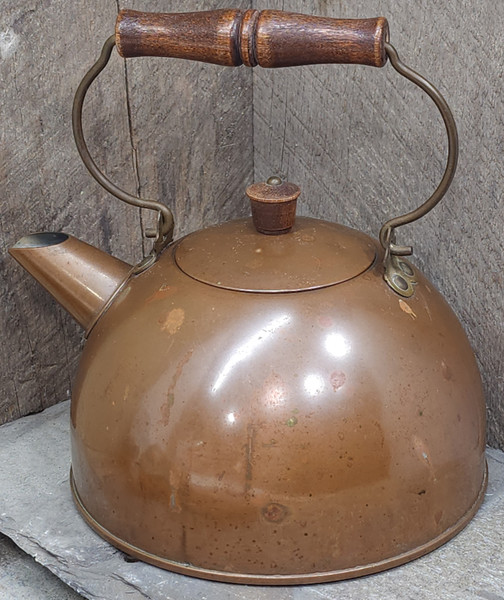 Vintage Wood Handled Dome Top Copper Teapot Old Stove Top Tea Kettle Pot