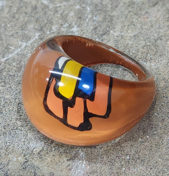 Funky Retro Geometric Clear Lucite Ring Hand Painted Abstract Decorations Sz 6