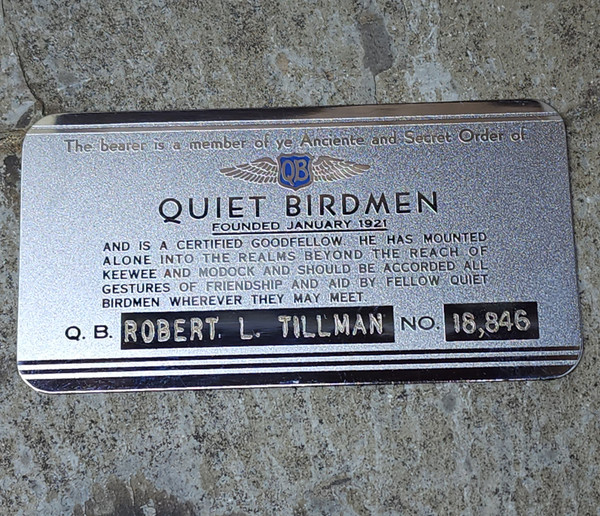 Ancient Secret Order of Quiet Birdmen Membership Card Aviator Robert L. Tillman