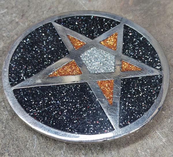 Vintage Chrome Star Pentagram Belt Buckle with Metallic Enamel Inlay
