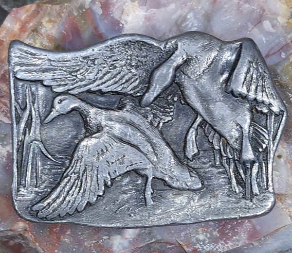 1977 Vintage Bergamot Brass Works Flying Ducks Pewter Tone Belt Buckle