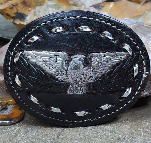 Vintage Black Leather Oval Belt Buckle with Spread Wings Eagle Biker Buckle