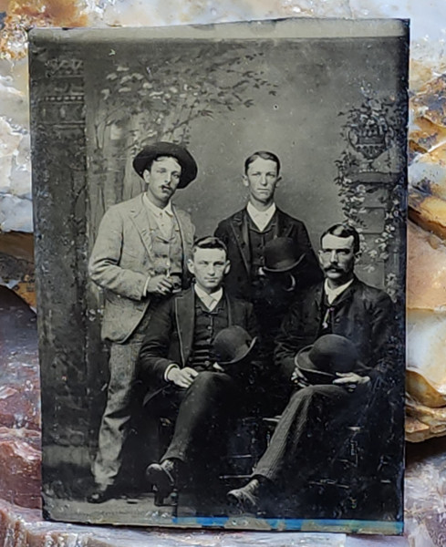 Antique Victorian Tintype Photograph 4 Men Together Bowler Hats Smoking Cigar