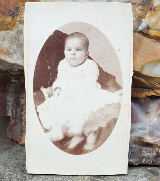 Antique CdV Photograph of Baby in Christening Dress with 3 Feet & Hidden Mother