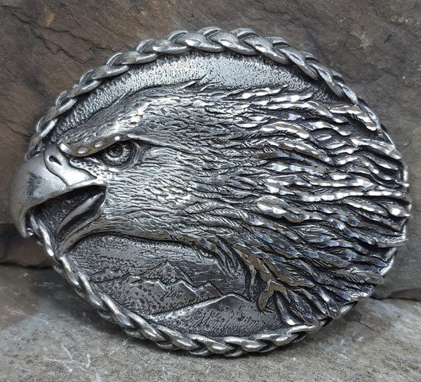 1993 Vintage Ege Screaming Eagle Head Pewter Tone Belt Buckle Rope Twist Border