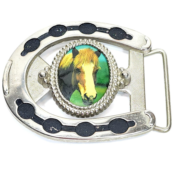 Vintage Horseshoe Shaped Western Rodeo Belt Buckle w/ Enameling and Horse Print