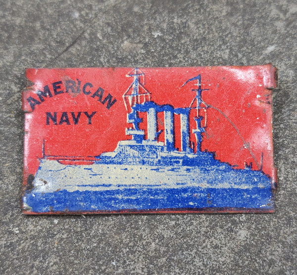 Antique American Navy Tin Tobacco Tag Litho Warship Boat Print Advertising Label