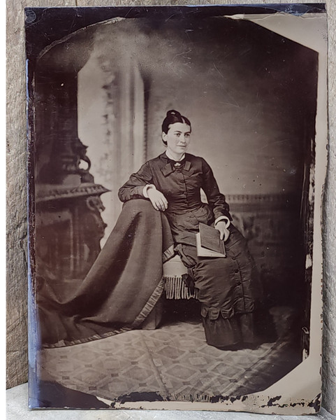 Antique Victorian Full Plate Tintype Photograph of Smiling Seated Woman w/ Book