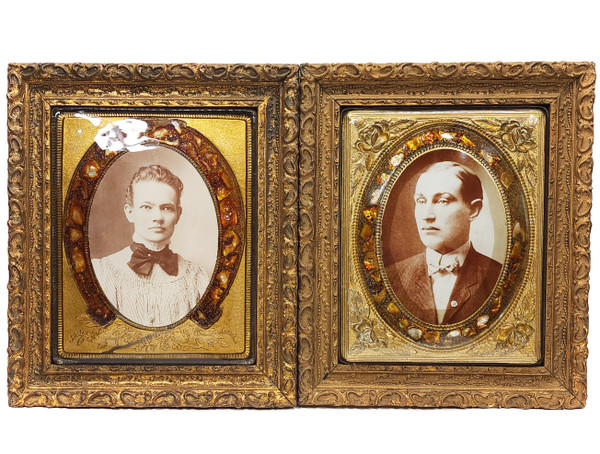 Pair Antique Victorian Gilt Gesso Photo Frames Couple Thick Glass Abalone Mattte