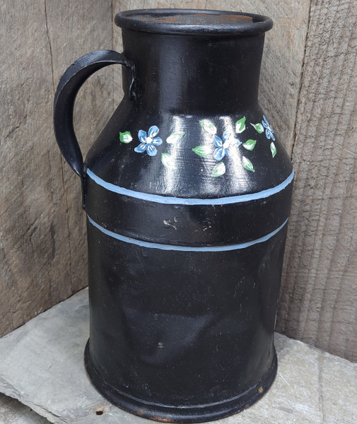 Small Antique Milk Can Pail with Handle Hand-Painted Flowers Cream Jug
