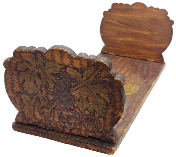 Antique Handmade Folding Flemish Art Book Rack Holder Bookends Grapes Pyrography