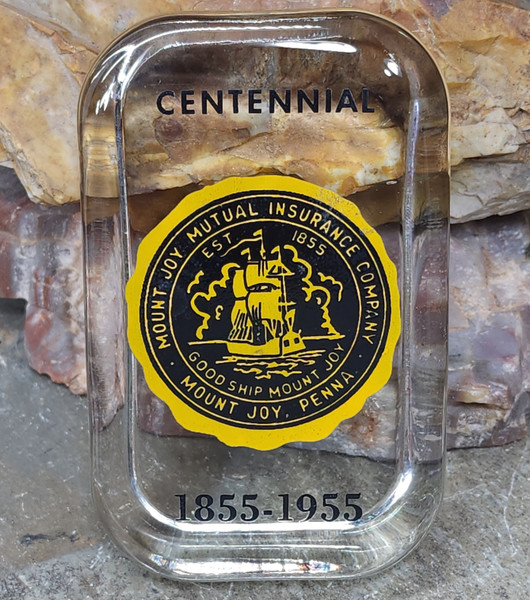 Vintage 1955 Mount Joy Mutual Insurance Company Advertising Glass Paperweight