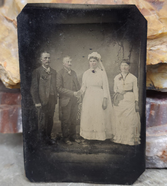 Antique Tintype Photograph Group Wedding Photo Bride in Dress Veil Photo Tinted
