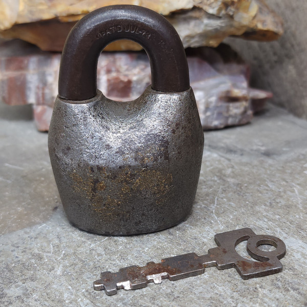 Antique Working Scandinavian Padlock with Key Cast Iron Embossed Star Lock