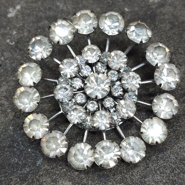 Mid-Century Vintage Rhinestone Ring Flower Starburst Brooch Silver Tone Pin MCM
