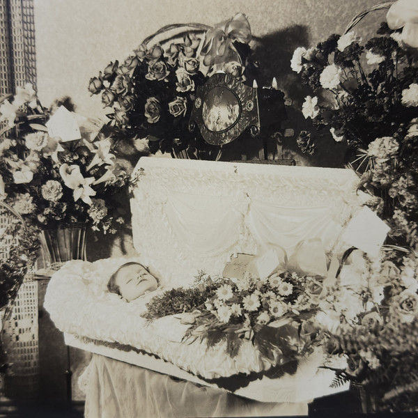 Antique Post Mortem Photograph of Baby Toddler in Casket Funeral Home w/ Flowers